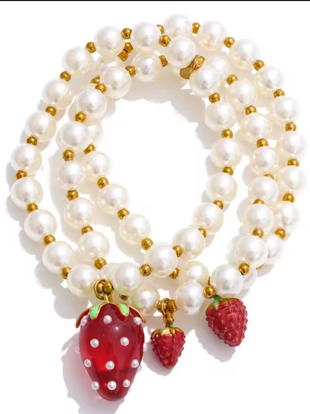 Red Strawberry Charms Pearl Gold Bracelet Set